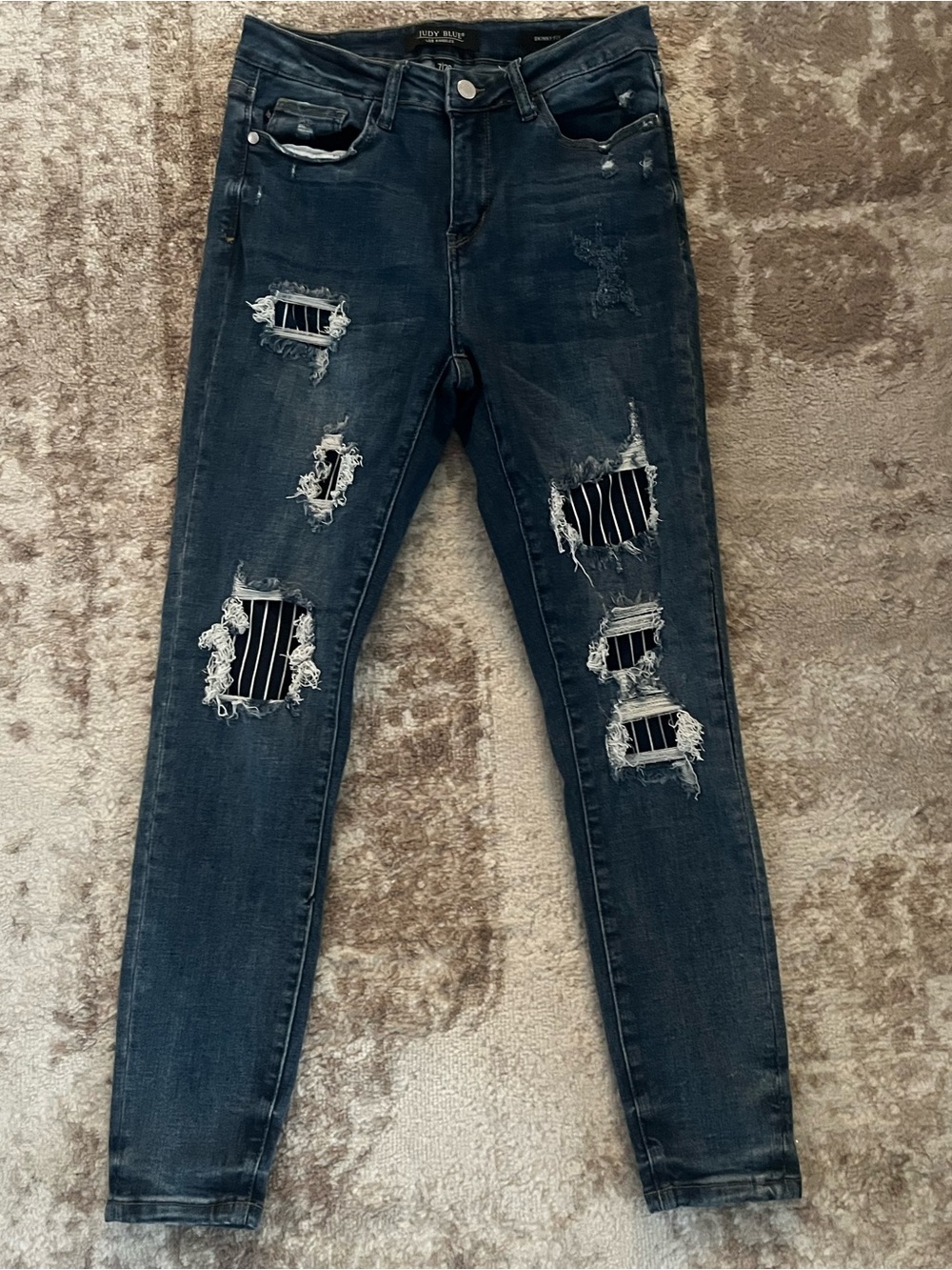 Judy Blue Striped Patch Distressed Skinny Fit Jeans Size 7/28 Dark Wash Ripped